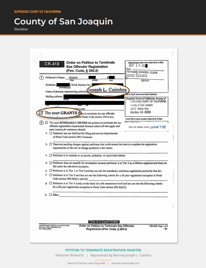 Triumphs: Registration Termination Court Orders from Throughout California
