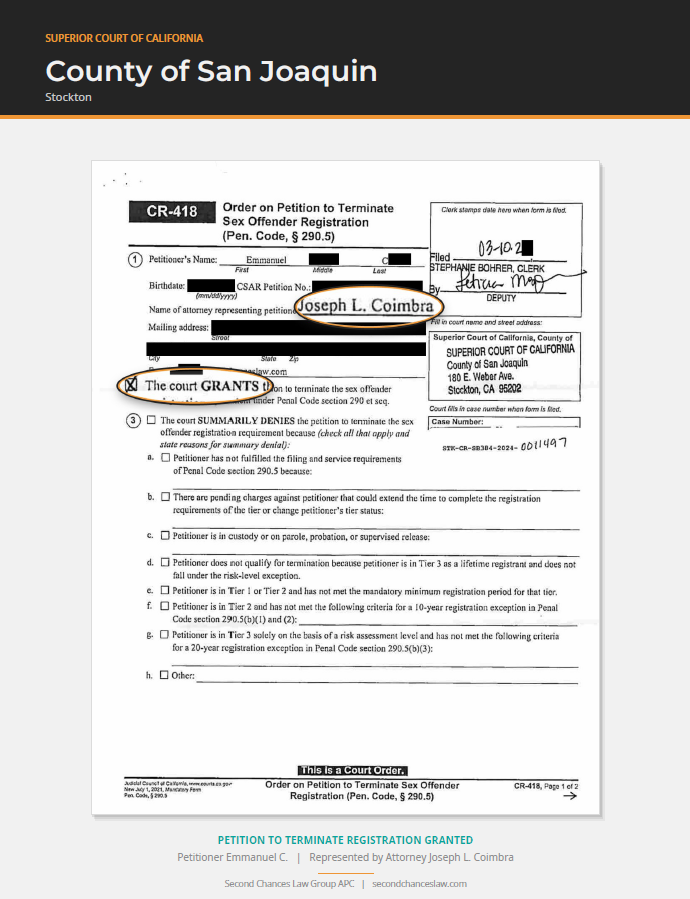 Triumphs: Registration Termination Court Orders from Throughout California